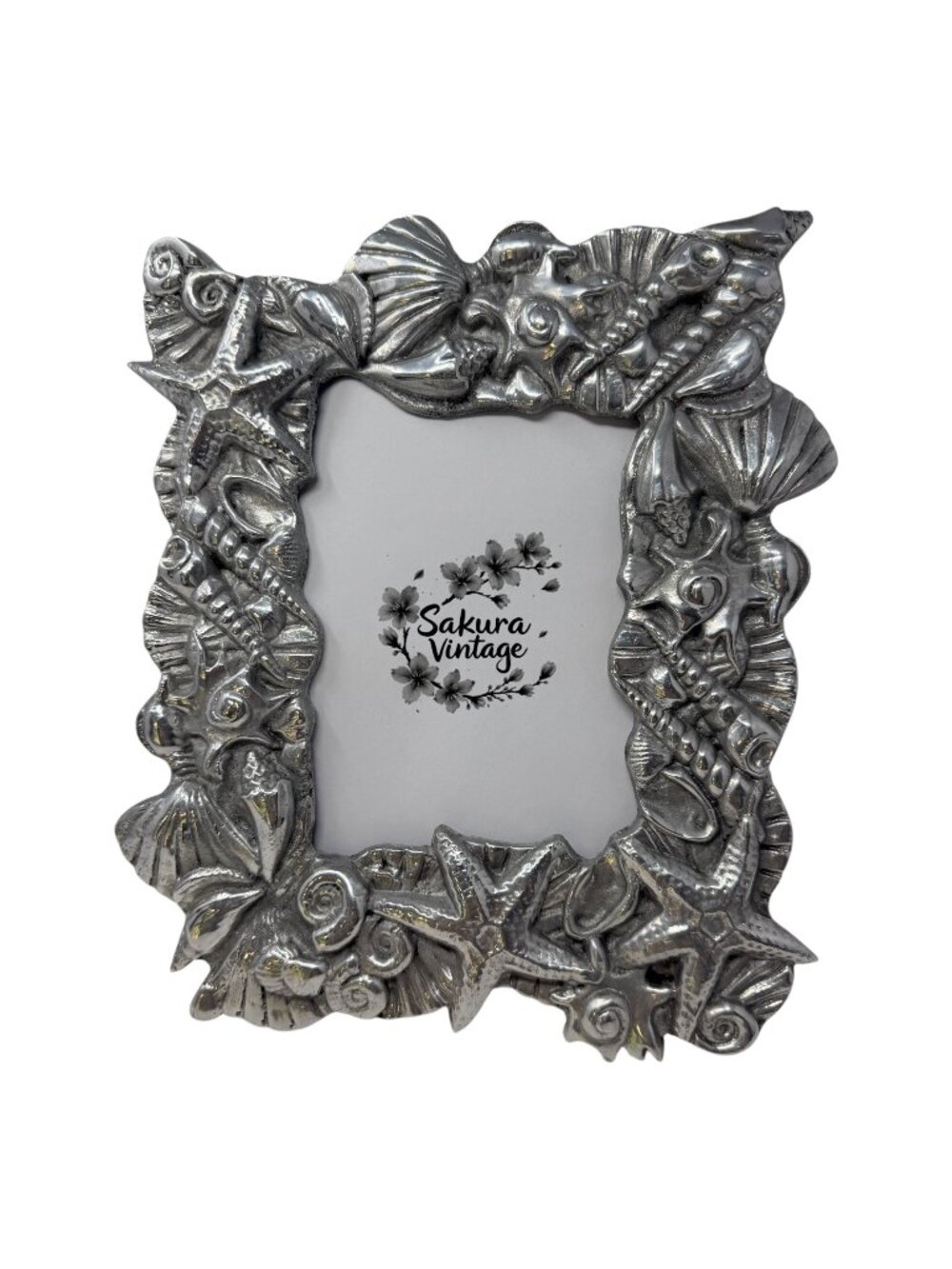 Vintage Cast Pewter Seashell Photo Frame 5x7 Coastal Nautical Decor Heavy Metal